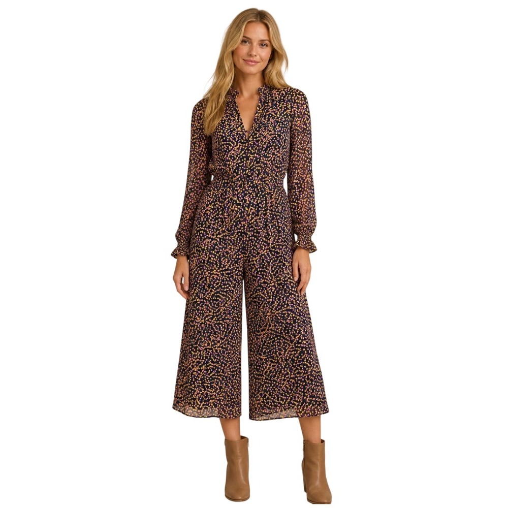 NWOT Boden Women Navy Pink Yellow Abstract Print Wide Leg Jumpsuit US 6R